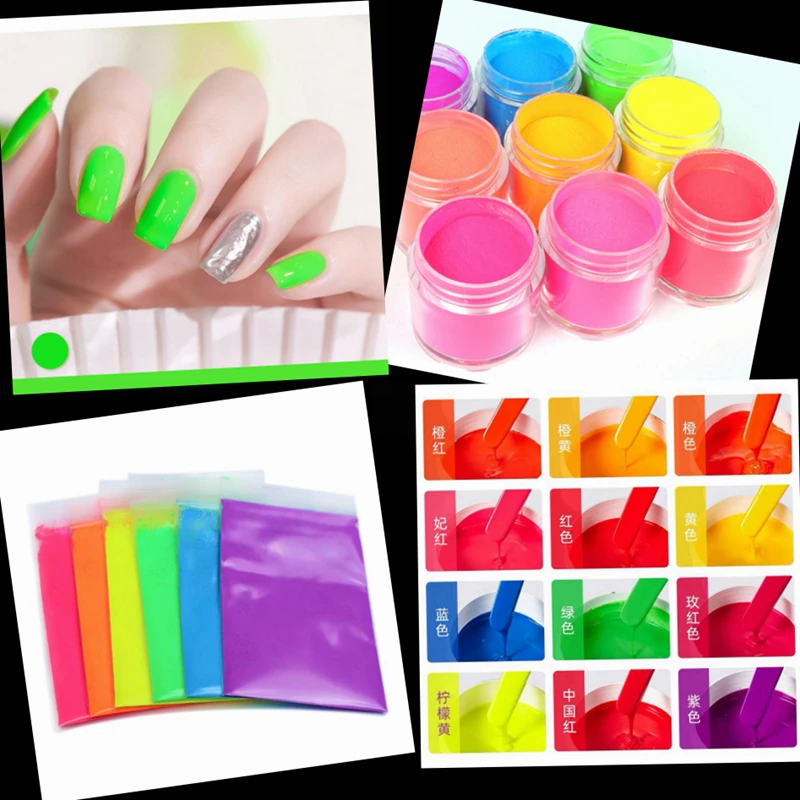 Efeito de fluorescência neon prego em pó pigmentos sombra pó ombre unha brilho gradiente iridescente esfregando a poeira manicure decoração