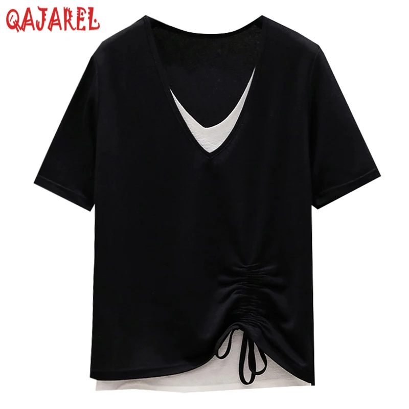 2024 Black Striped Knitted Cotton Short Sleeve T-Shirt Women Korean Vintage Casual Top Coat Summer New Elegant Bodycon Top Shirt