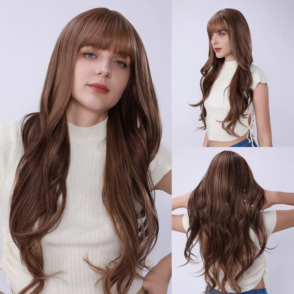 

Wig female full head cover Qi bangs long curly hair 26inch brown big wave wig full head cover