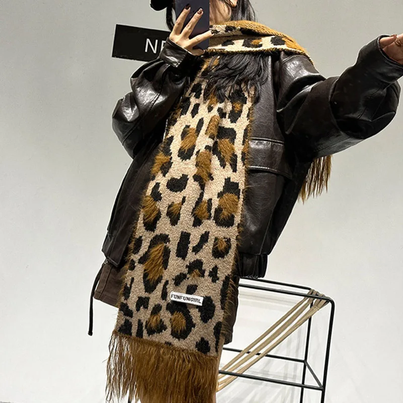 

Leopard Print Cashmere Tassel Scarf for Women High-End Wool Shawl Warm Winter Fashion Korean Spicy Girl Scarves Accessory
