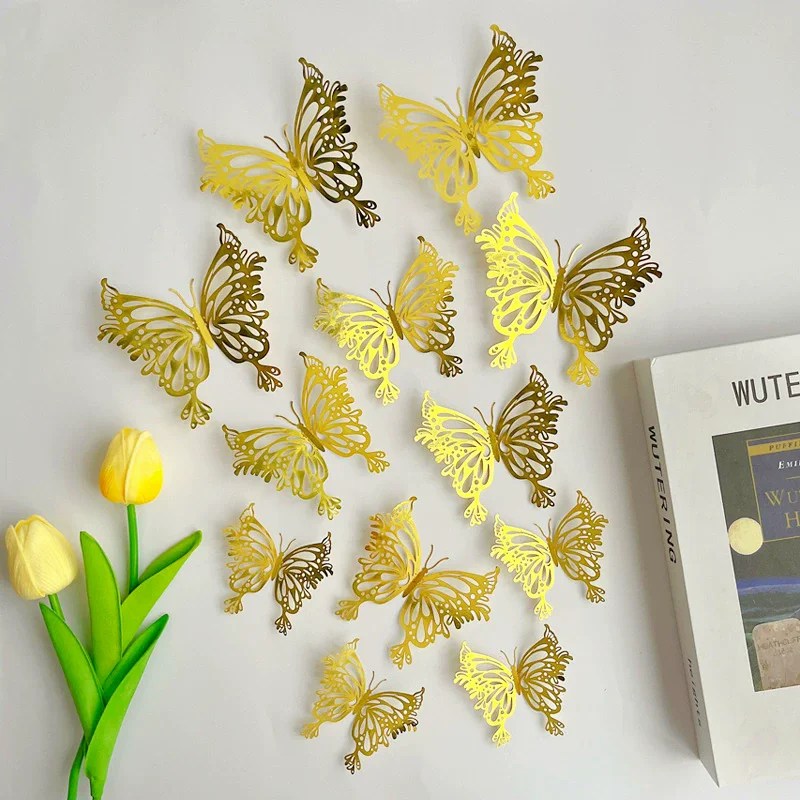 12 Pcs/lot Hollow Gold Colorful 3D Butterflies Wall Sticker Living Room Kid Room Wedding Decoration for Bedroom Party Home Decor