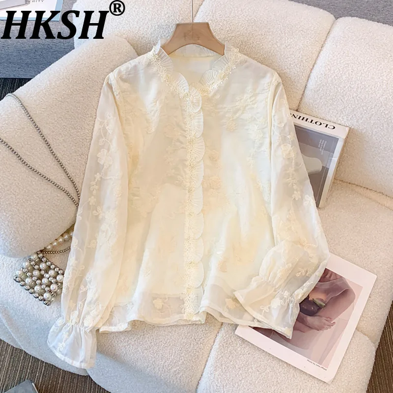 

HKSH Autumn New Women Chci Shirt Long Sleeve Single Breasted Ruffled Lace Chiffon Blouse Sweet High Street Oversized Top HK10602