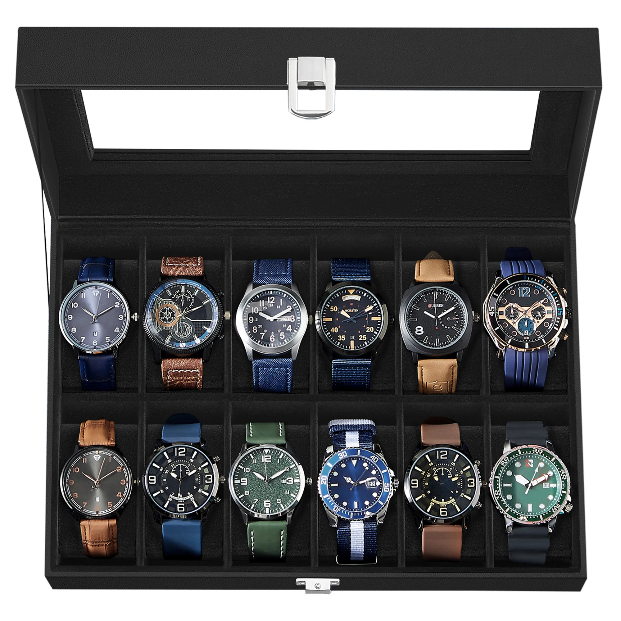 SONGMICS Caja de Relojes con 12 Compartimentos, Estuche de Relojes con Tapa de Cristal, Cuero Sintético Negro y Forro Negro