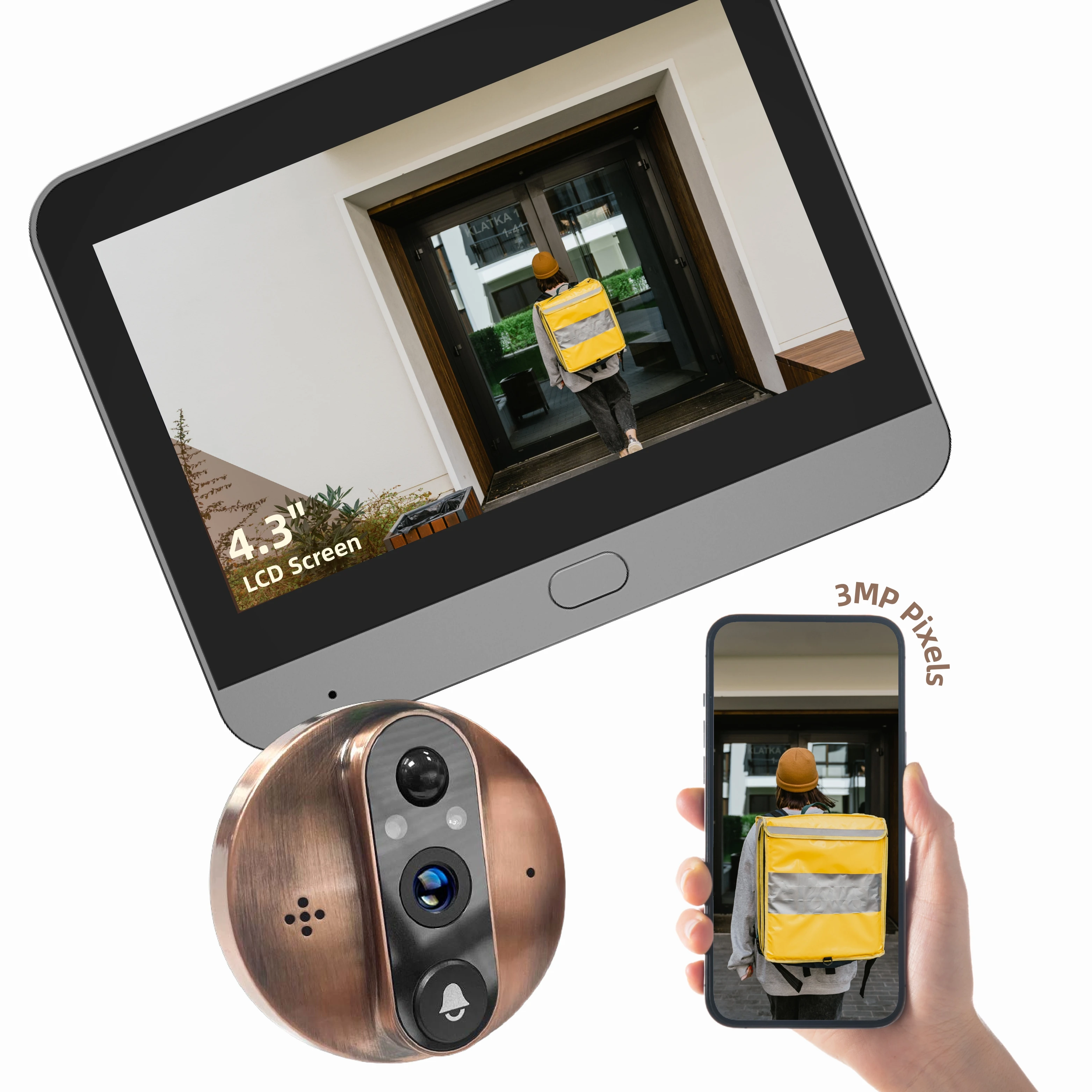 

Tuya Copper Color 3MP HD Door Viewer Camera with 4.3" LCD Display for Home Security 166° Wide Angle Doorbell with Screen