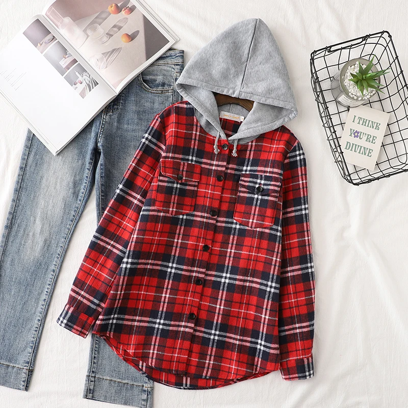 2024 Autumn New Women Long Sleeve Hoodie Style Shirts Casual Women's Red Green Plaid Sweatshirt Tops Lady Checkered Clothes