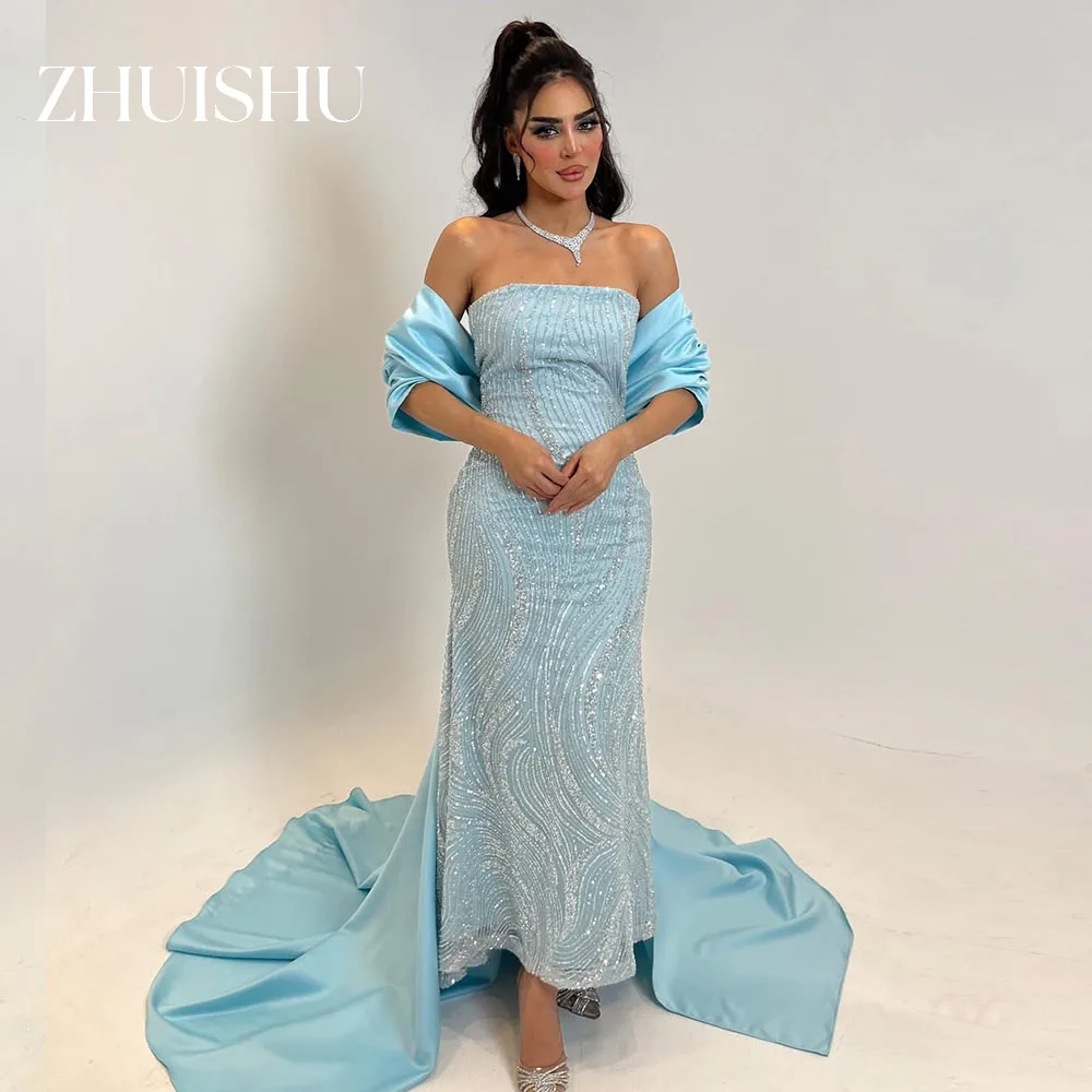 Zhuishu azul luxo vestido de noite sem alças miçangas vestido reto com trem personalizado tornozelo comprimento ocasião especial vestido de festa