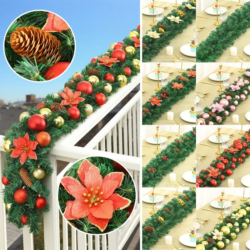 

New 2.7m Christmas Rattan Garland Artificial Greenery with Pinecones Flowers Balls for DIY Vine Decor Wall Tree Wedding Party