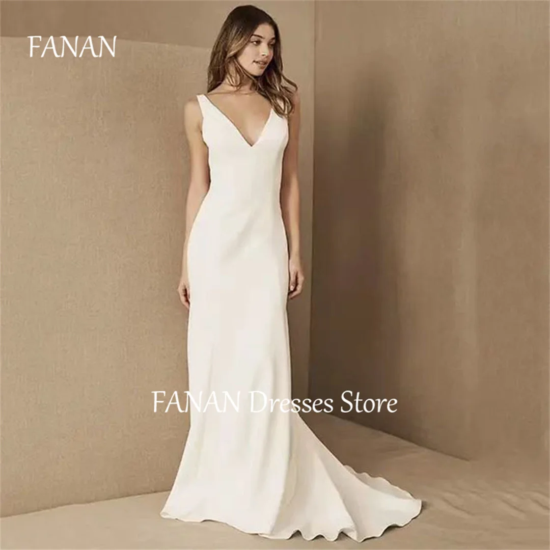 FANAN-vestidos de novia coreanos con cuello en V, sin mangas, hasta el suelo, de satén, sirena de marfil, talla grande