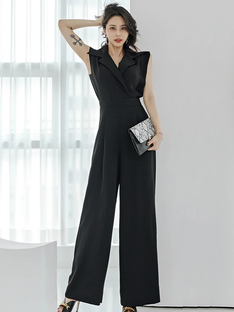 New Summer One Piece Jumpsuits Elegant Office Women Formal Black Sleeveless Party Female Mujer High Waist Wide Leg Loose Rompers