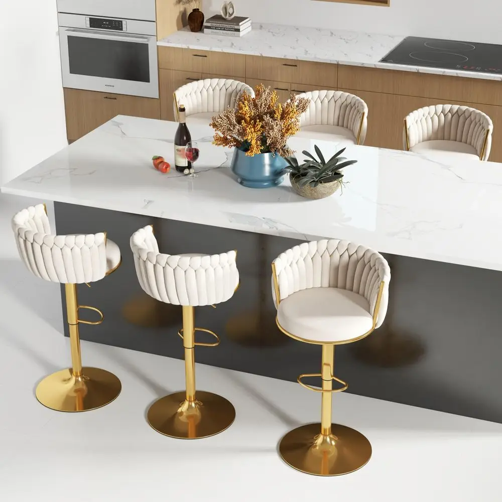 

Gold Bar Stool Set of 6, Velvet Barstools, Swivel Counter Stools with Woven Backrest, Modern Luxury Kitchen Stools Chairs with