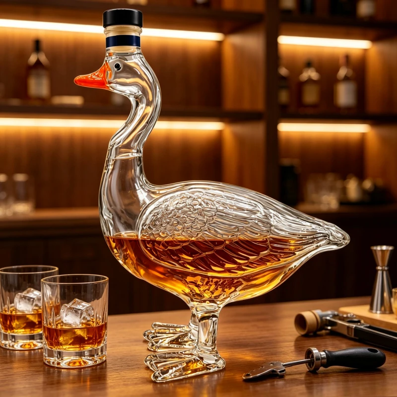 Goose Shaped Glass Whiskey Decanter, Novelty Animal Shape Liquor Wine Bottle for Vodka Storage, Home Bar Tabletop Decor Ornament