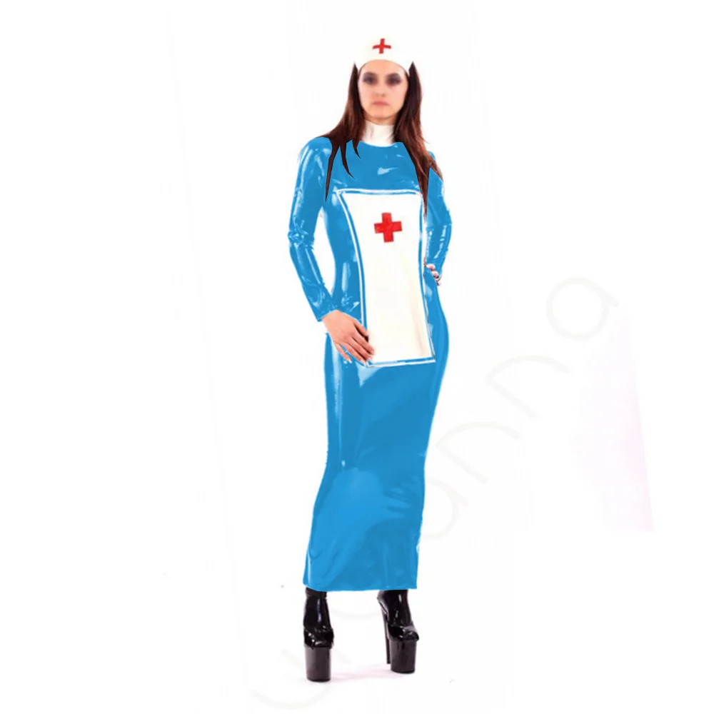 Sissy High Neck Vinyl PVC Bodycon Nurse Long Pencil Dress, Halloween Cosplay, Nurse Costume, Long Sleeve, Slim Nurse Uniform