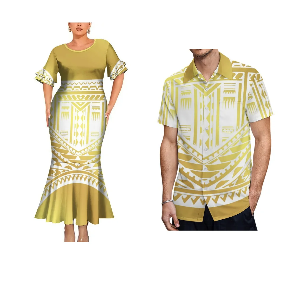 Samoa Club Women'S Summer Dress Polynesian Tribal Peoples Design Couple Suit Men'S Pocket Shirt Women'S Flared Sleeve Dress