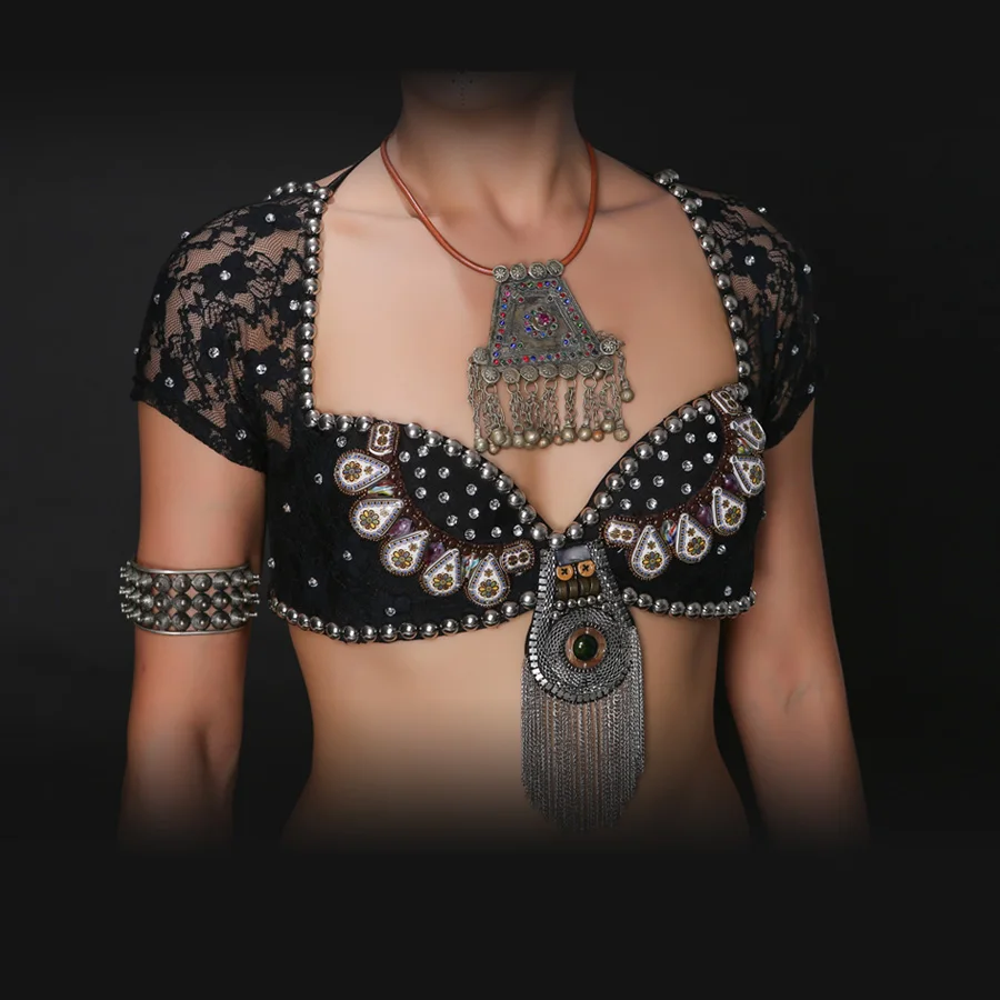 Tribal belly dance hand beaded bra set classic gypsy adult performance copper coin costume