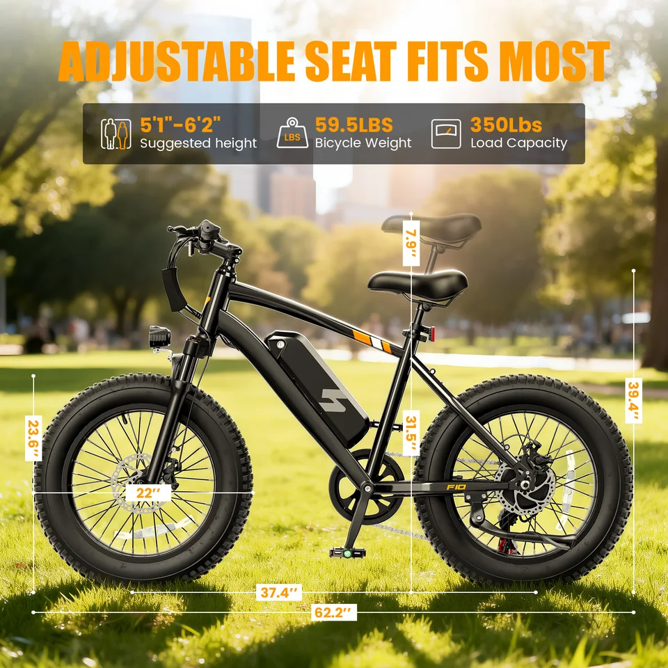 Hopepeak F10 Fat Tire Electric Bike for Adults, 20"×4.0" Fat Tire Electric Mountain Bike, Peak 1200W 48V 10.4Ah,  28MPH 55 Miles  Electric Bicycle, 7-Speed image 8