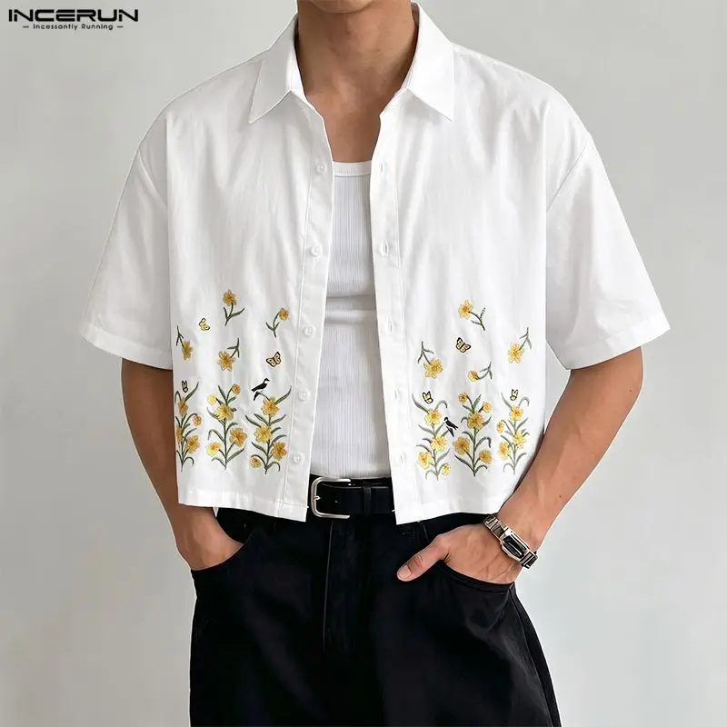 INCERUN Men's Shirt Flower Embroidery Lapel Short Sleeve Button Men Clothes Summer Loose Streetwear Fashion Casual Tops For Man
