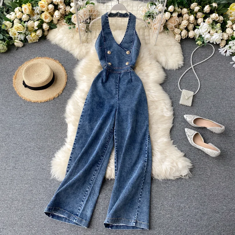 

Denim Jumpsuits Women One Piece Sleeveless Backless Overalls Wide Leg Long Pants High Waist Rompers Y2k Jumpsuit Streetwear