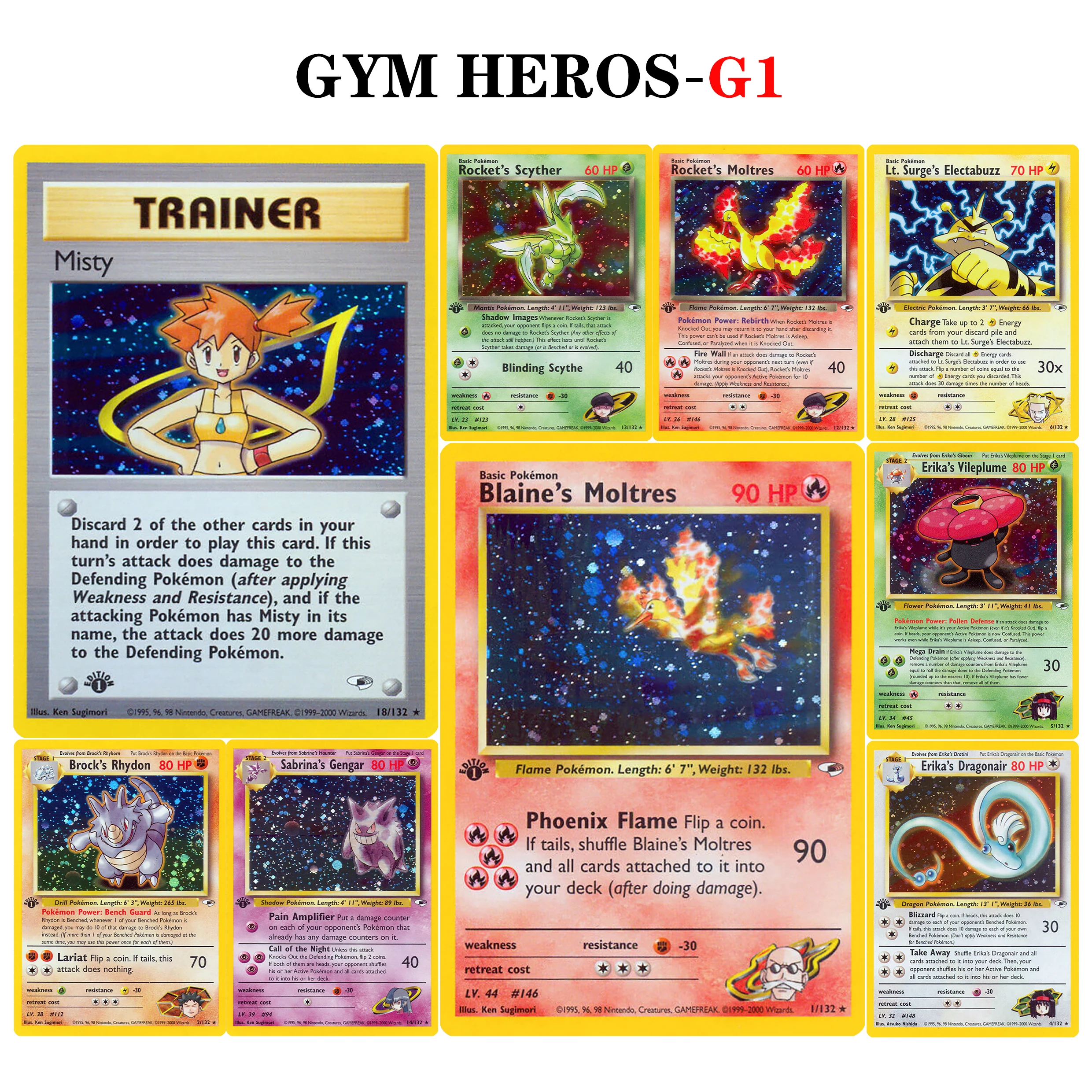 

Карта PKM Classic GYM HEROES Series 1st Edition: Блейнс Молтрес 1/132, Мисти Генгар, Сидра, редкая голографическая ретро-карта из коллекции, прокси-карта