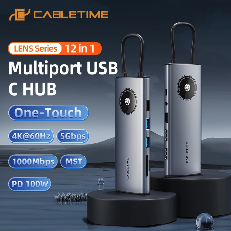 

CABLETIME 12 IN 1 Multuport USB C HUB One-Touch 4K@60Hz Support MST 5Gbps Transmission 1000Mbps Lan PD100W for Laptop iMac