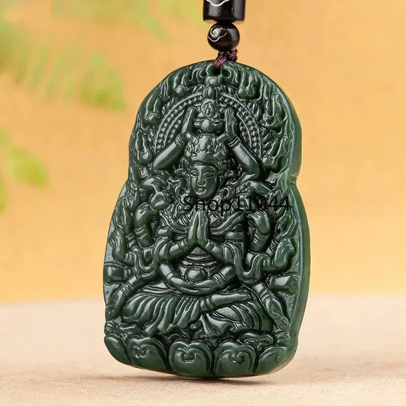 

Натуральный нефрит Хэтянь, зеленый нефрит, подвеска «Тысяча рук Гуаньинь», покровитель Святого, мужское высококачественное нефритовое ожерелье ручной работы, счастливый подарок