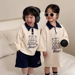 2024 New Brother Sister Costumes Boys Fashion Pullover Turn-down Collar Tops Solid Shorts Girls Cartoon Cute Dress Bear Dresses