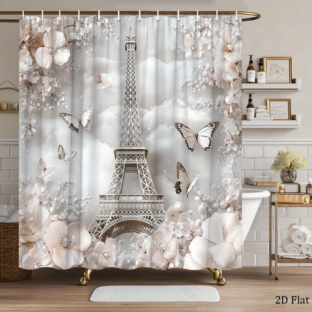 1pc Parisian Dream Shower Curtain Eiffel Tower Pink Flowers Translucent Butterflies Home Polyester Fabric Bathtub Partition Spla