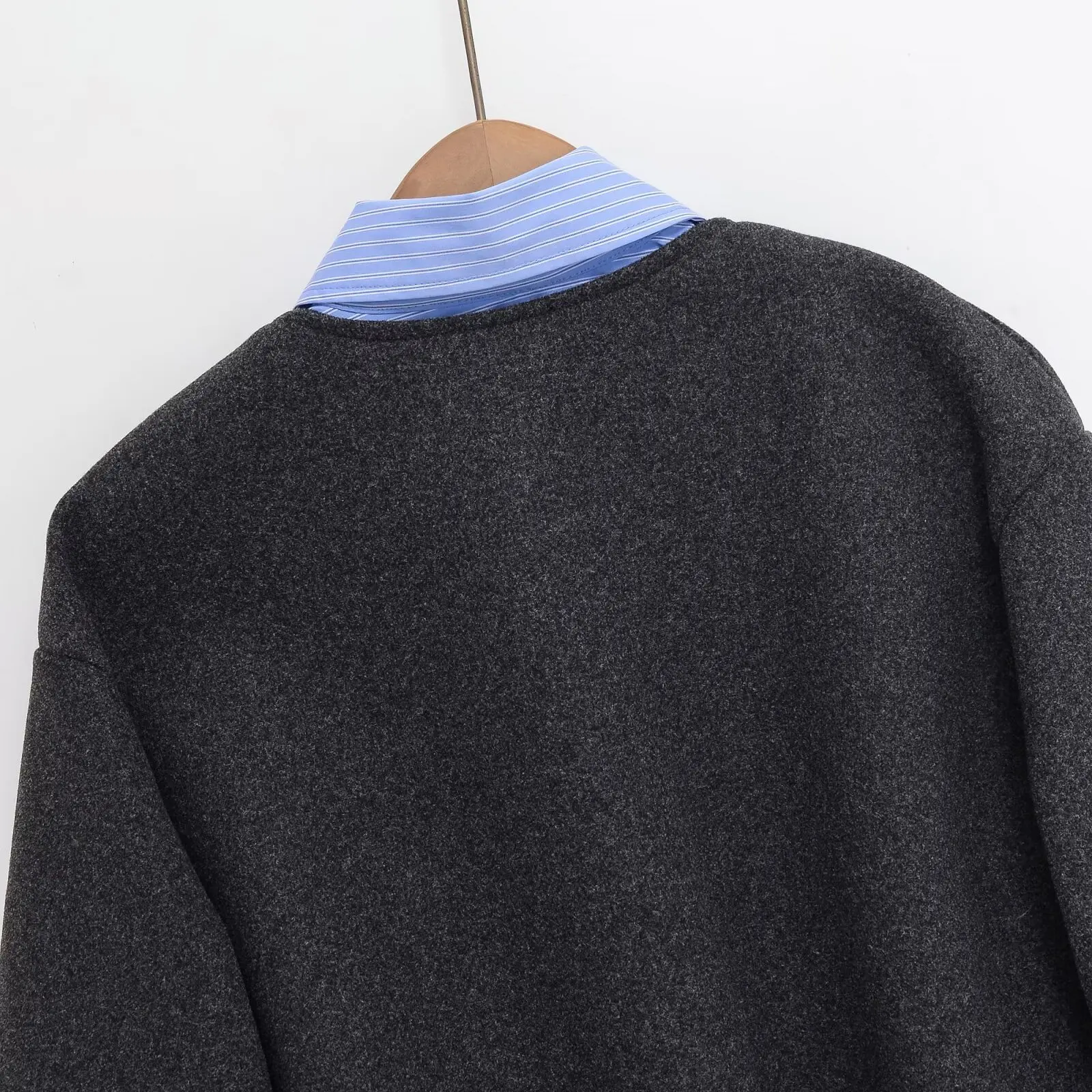 Faionable مخطط irt المرقعة الصوفية Jaet جديد الخريف الشتاء المرأة معطف دافئ طويل Sve الوجه طوق سستة إغلاق #4