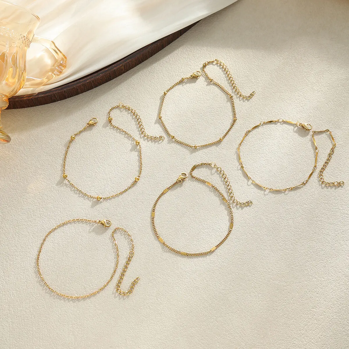 PuRui 5Pcs/Set Elegant 18k Gold Plated Stainless Steel Anklets Foot Chain for Women Summer Beach Waterproof Jewelry Gifts
