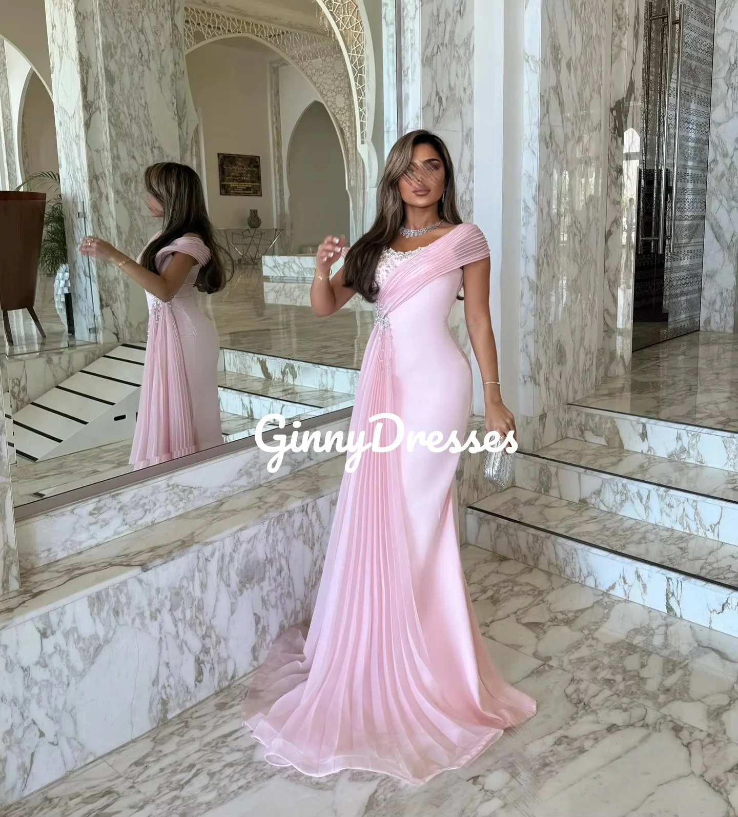 فسات Mohamed 1914 Anpassen Meerjungfrau Sweep Zug Rüschenkleider für besondere Anlässe U-Ausschnitt Reißverschluss kurze Ärmel Kleider