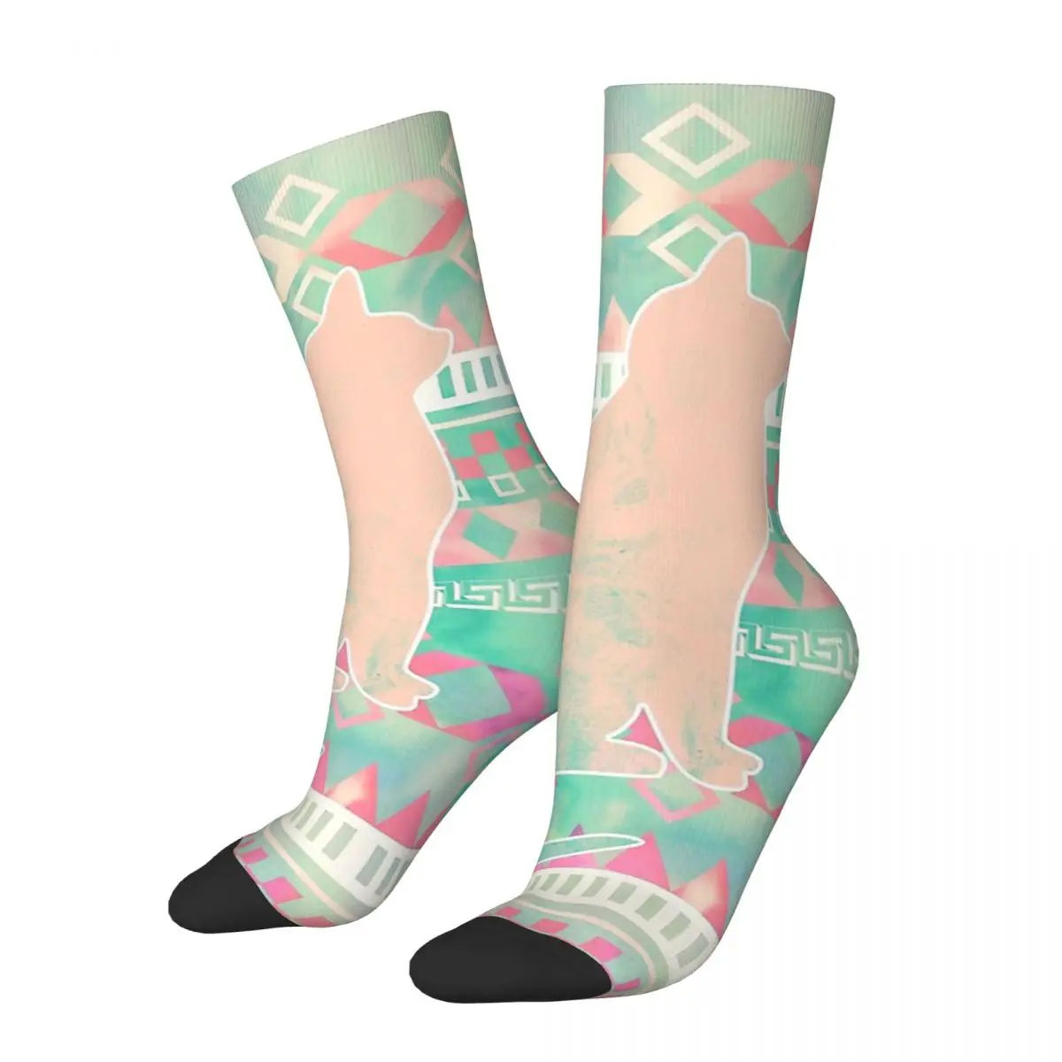 

Geometric Patterns Whimsical Cat, Pink Turquoise Girly Aztec Pattern Men Women Socks Outdoor Novelty Spring SummerStockings Gift