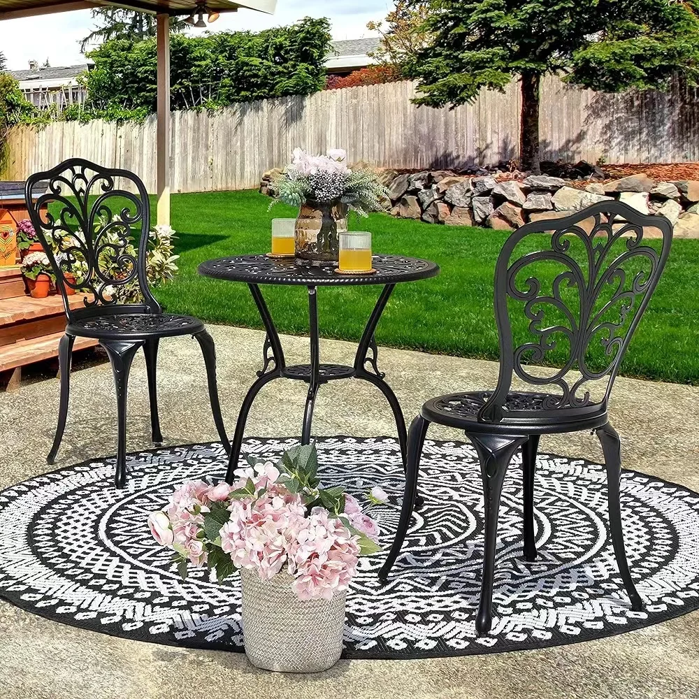 

Cast Aluminum 3 Piece Bistro Table Set Outdoor Furniture Patio Set with Umbrella Hole for Yard Balcony Porch Garden Blackpromote