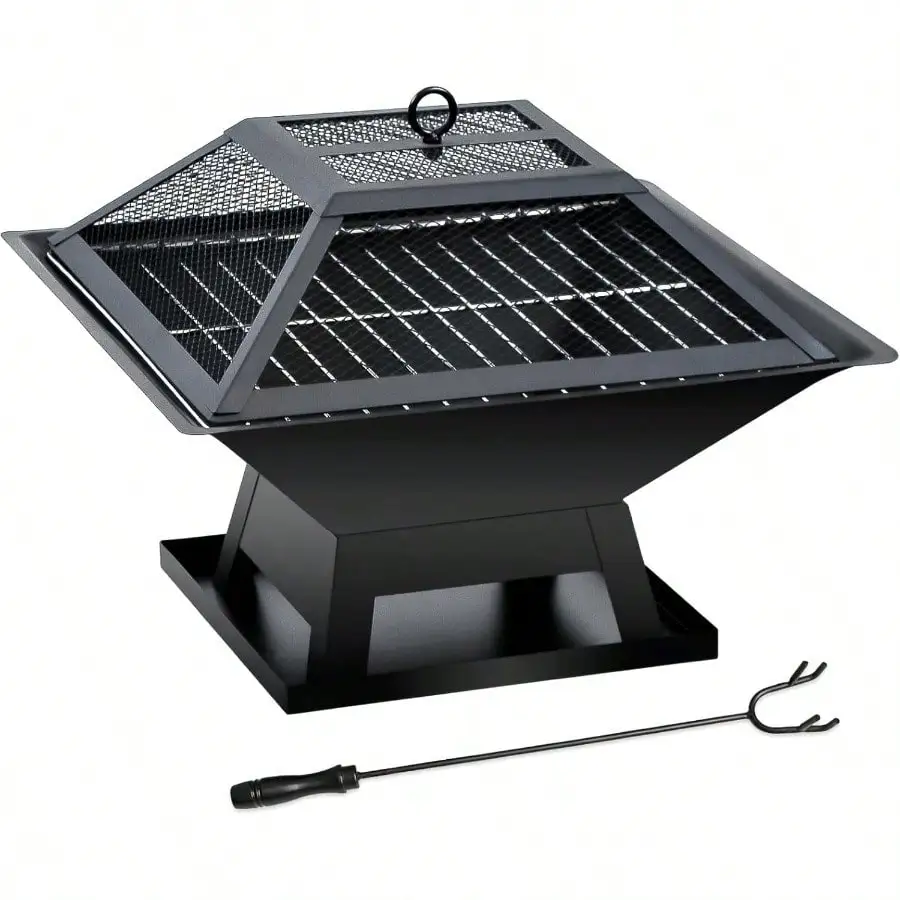 

19.8inch Portable Small Fire Pit With A Removable Ash Pan, Fire Poker, Mesh Lid, 2 In 1 Square Outdoor Fireplace For BBQ, Outside Heating, Bonfire Party, Camping, Backyard, Patio, RV Trip