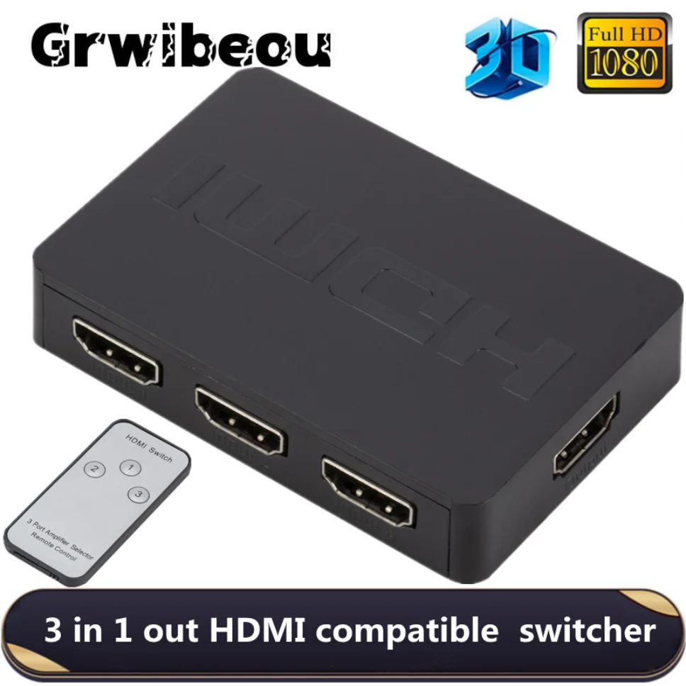 Grwibeou 3 Ports HDMI-compatible Splitter Switcher Hub Box With Remote Control Hd 1080P 3 In 1 Out Switcher For Hdtv Xbox360 Ps3