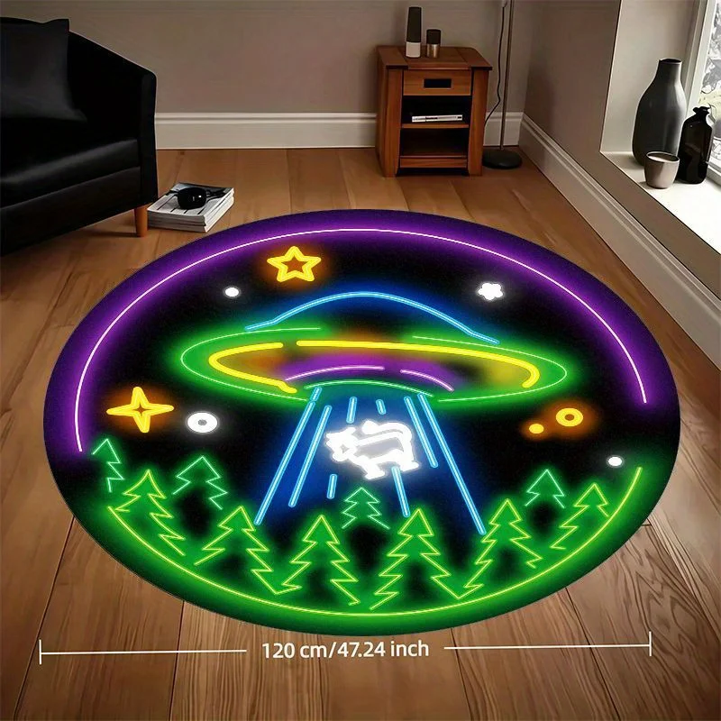 Alfombra Redonda de Neón con Diseño de OVNI y Extraterrestre, Tapete de Franela de Ciencia Ficción y Fantasía para Dormitorio Infantil, Sala de Juegos, Arte de Piso Futurista que Brilla en la Oscuridad