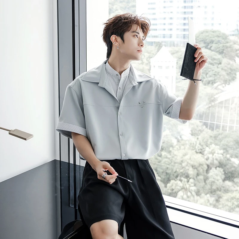 Fake Two Piece Striped Men Short Sleeve Shirt Summer Fashion Simple Business Casual Loose Tops Black Blue Interview Campus Daily