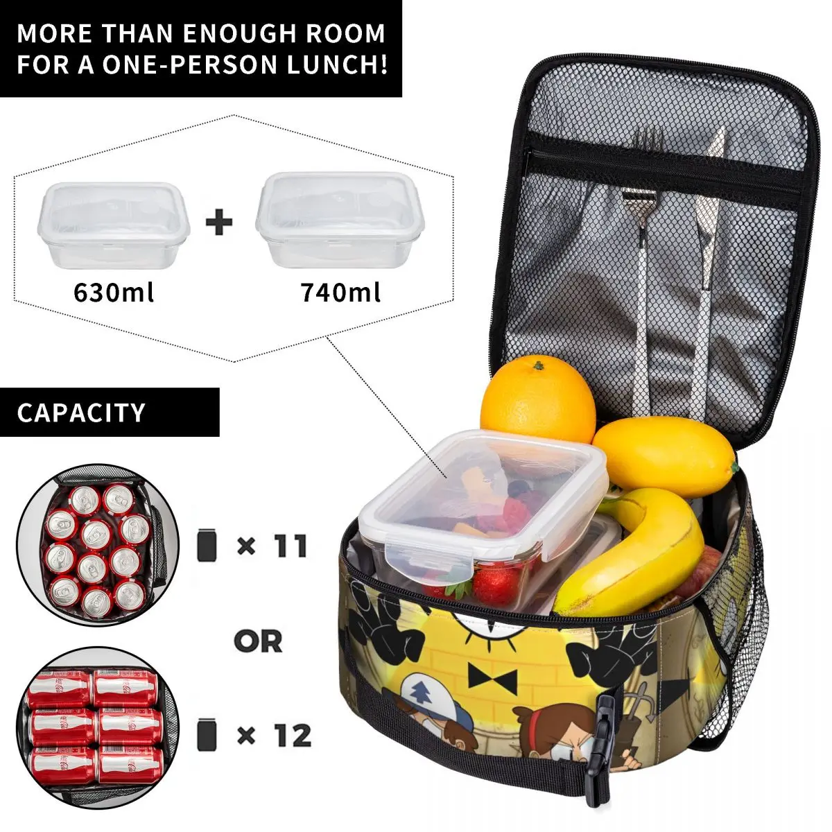 Gravity Falls Lunch Bag Bill Cipher Portable Insulated Lunch Box Women Travel Print Cooler Bag Leisure Oxford Thermal Lunch Bags