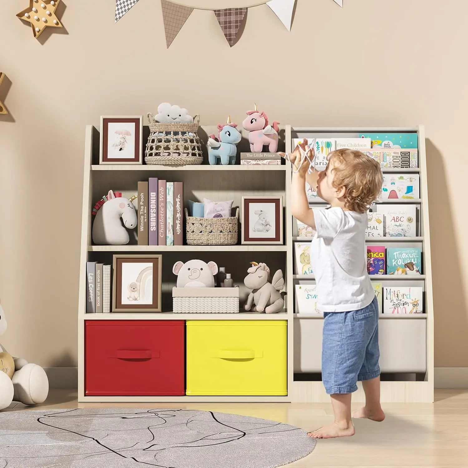 Estantería de madera, estantería para niños con eslinga de 5 capas con 2 cajones, estantería de almacenamiento para libros, gabinete organizador de juguetes para libros, para habitación de niños, Playr