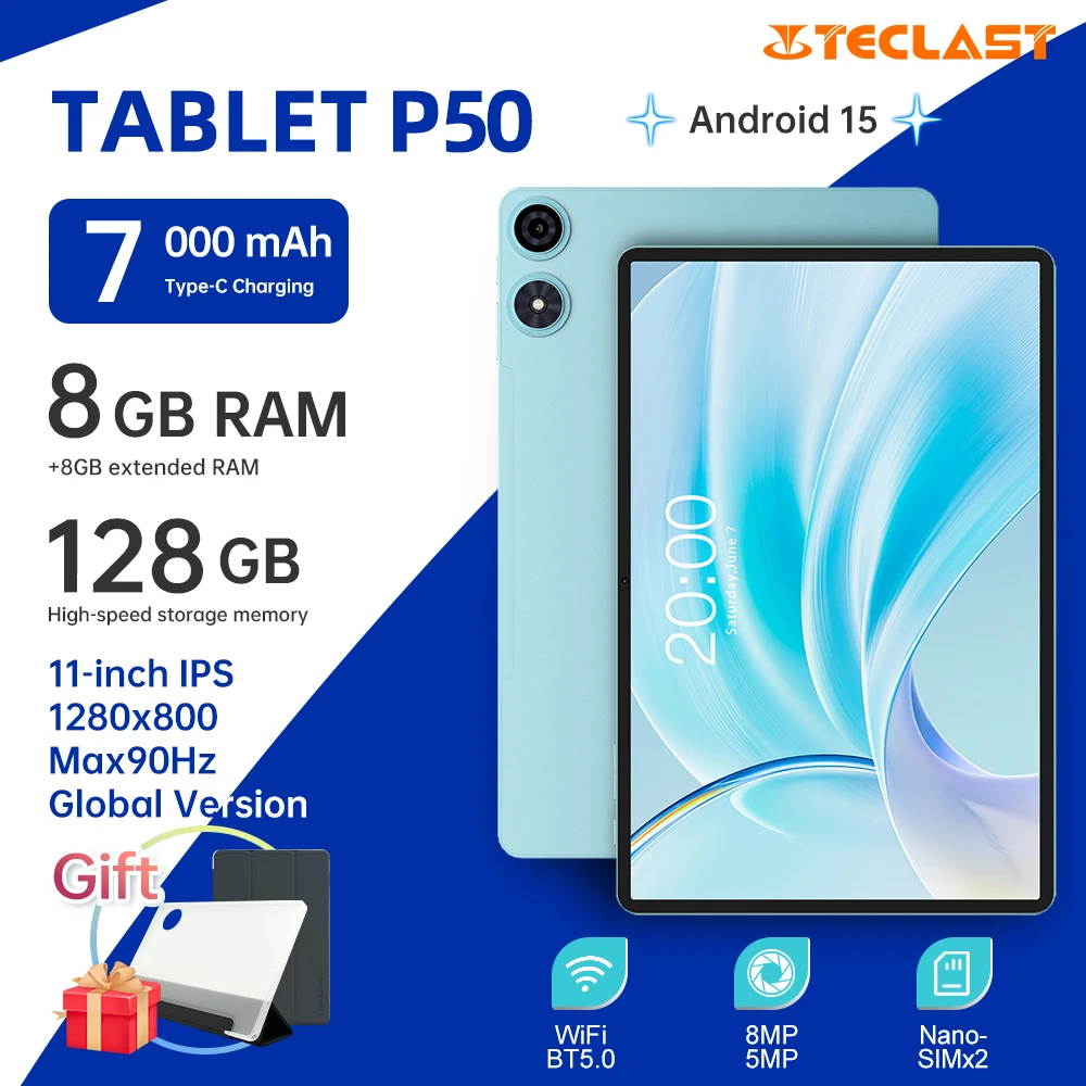 Teclast P50 Tablets 11 polegadas 90Hz 8GB RAM 128GB ROM Android 14 Unisoc T606 Octa-Core 8000mAh bateria WiFi BT5.0 Dual SIM 4G LTE