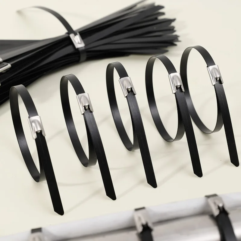 10/20/30/50 قطعة العلاقات كابل الفولاذ المقاوم للصدأ المعادن الذاتي قفل الربط الأشرطة الأسود الثقيلة سلك كابل التعادل العادم التفاف خواتم