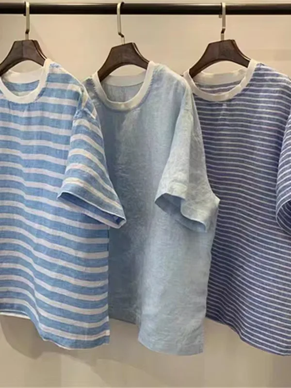 T-shirt rayé coupe ample pour femmes, grande taille, décontracté, polyvalent, Anti-âge, artistique, coréen, japonais