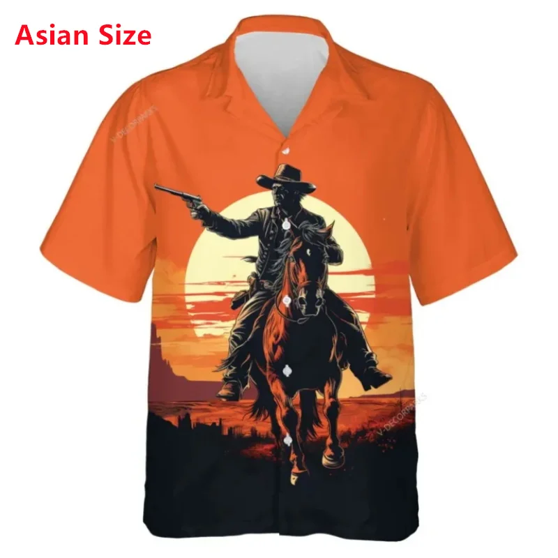 Western Cowboy Hawaiian Shirts For Men Women Full Print Horse Riding Button Down Beach Shirts Mens Short Sleeve Aloha Shirts