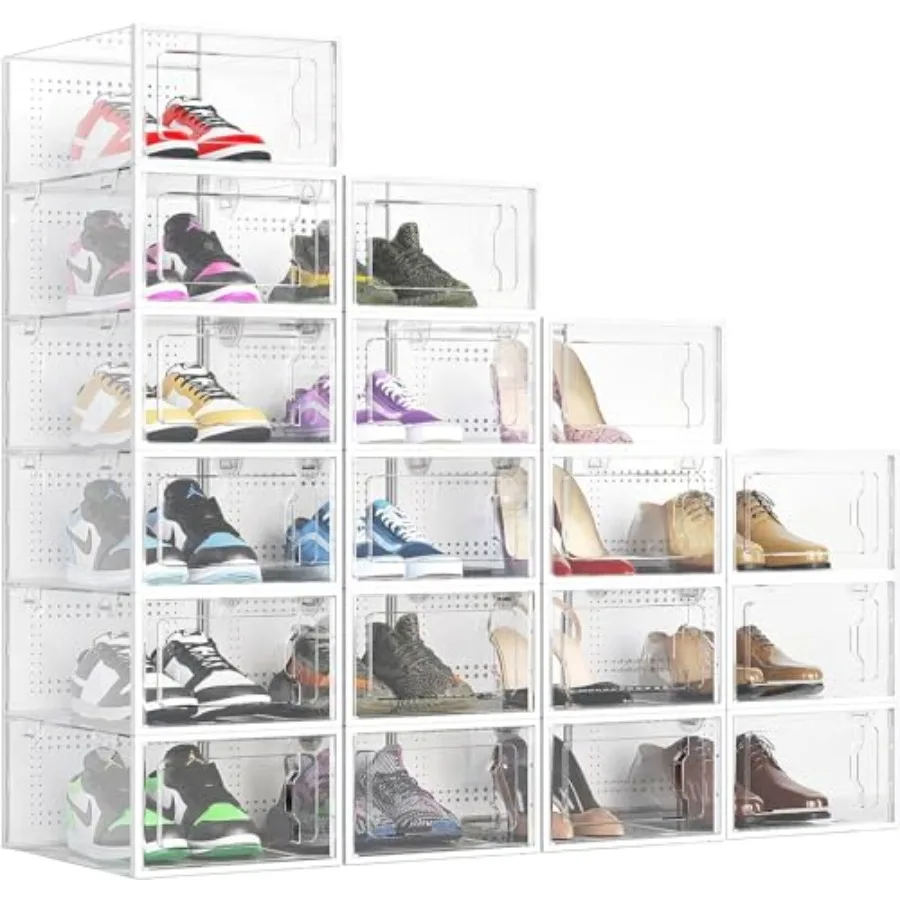 

Shoe Boxes Clear Plastic Stackable 18 Pack Premium Shoe Organizer Storage for Closet Foldable Shoe Rack Containers Sneaker Disp