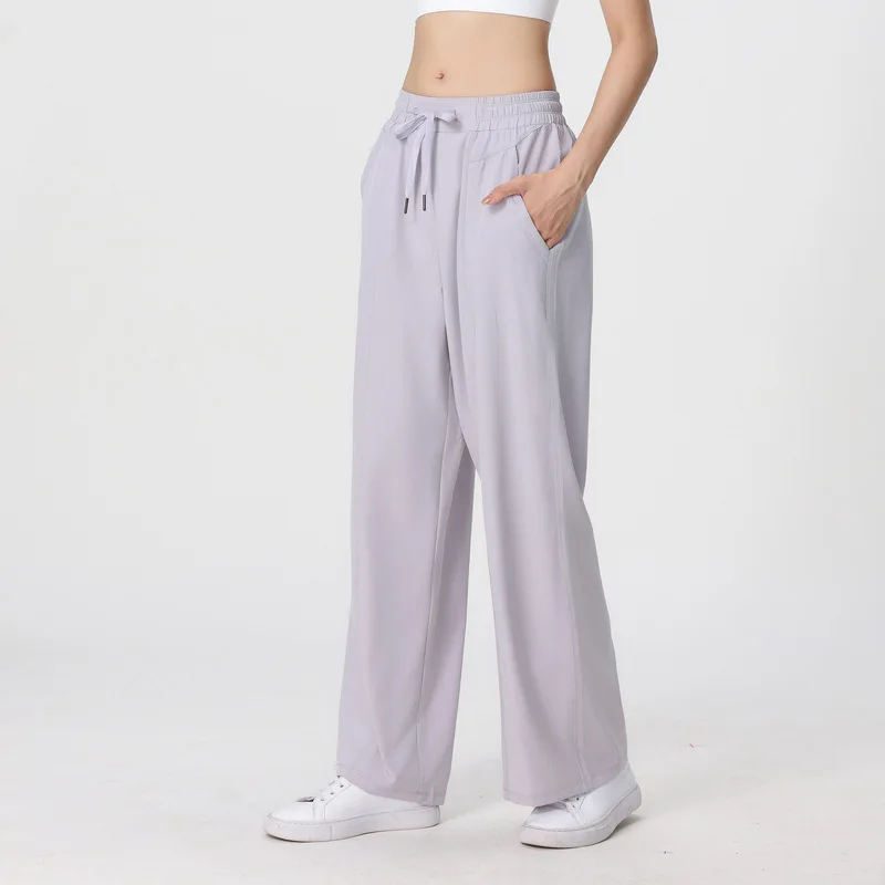 Yoga straight pants with brand logo women's wide leg pants elastic drawstring waist pencil trousers with pockets loose slacks