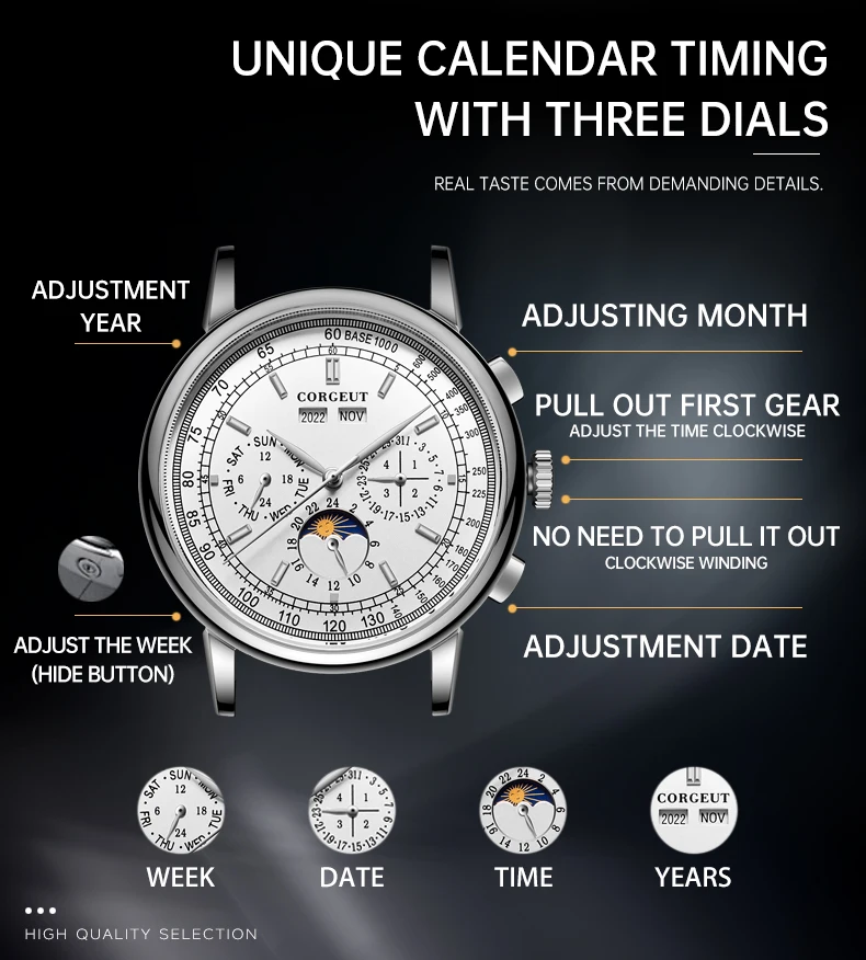 CORGEUT Luxus-Herrenuhr 41mm Automatische Mechanische Uhr mit Lederarmband Saphirglas Anzeige von Jahr, Datum & Woche – Detail 13