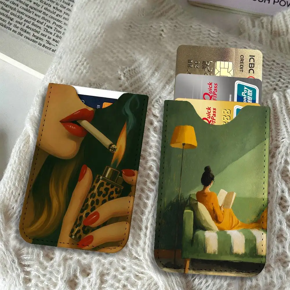 1 Minimalist Female Green Background PU Leather Card Holder Sleeve for Credit Cards,Secure Design, Travel Storage Essentials