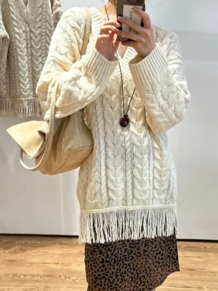 

Модный зимний вязаный свитер Long Sve с бахромой, женский модный массивный твист-дизайн, универсальный свободный крой, весна-осень-зима