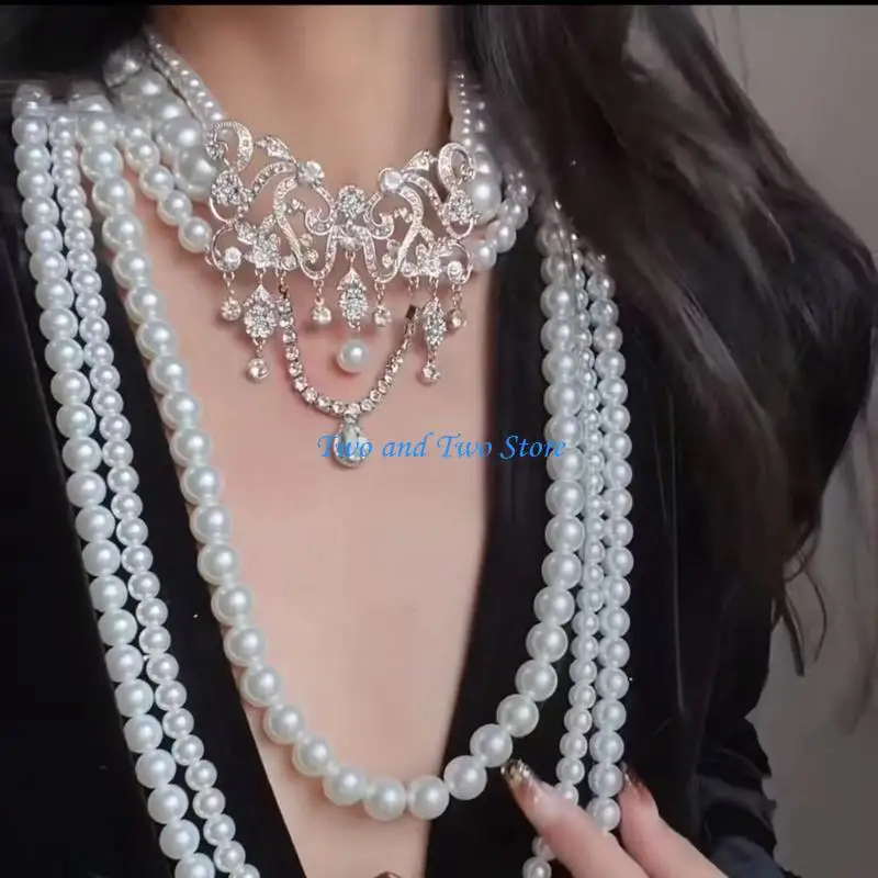 

HX6F Layering Faux Pearls Neck Jewelry Adjustable Length Gemstones Studded Neckpiece