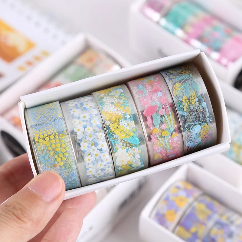 5rolls Transparent Washi Tape DIY Decorative Tape Materials Masking Tape School Supplies Diary Decoration Scrapbooking Materials