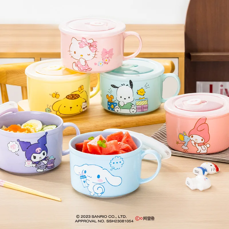 Hot Sanrios Hellokitty800Ml Cartoon Anime Ceramic Bowl with Lid Kuromi Soup Bowl Pochacco Noodle Bowl Children's Household Bowl