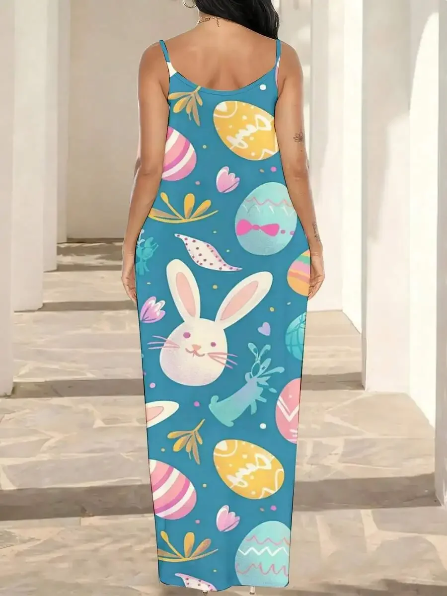 

Women Spaghetti Strap Maxi Dress With Pockets Easter Bunny Eggs Print Blue Casual Outdoor